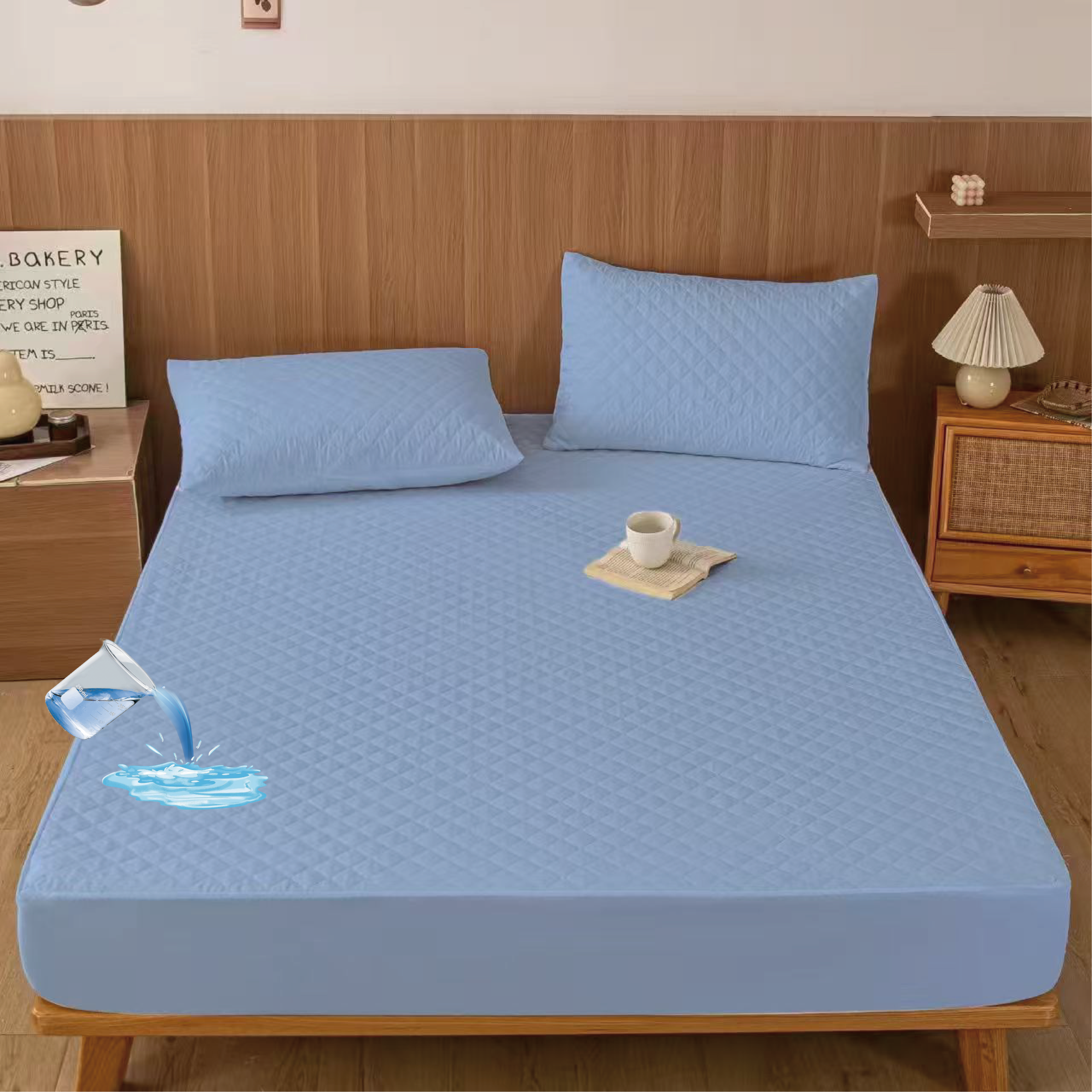 Nepropusna plahta 180x200 + 28 cm i dvije nepropusne jastučnice 50x70 cm -  PLAVA