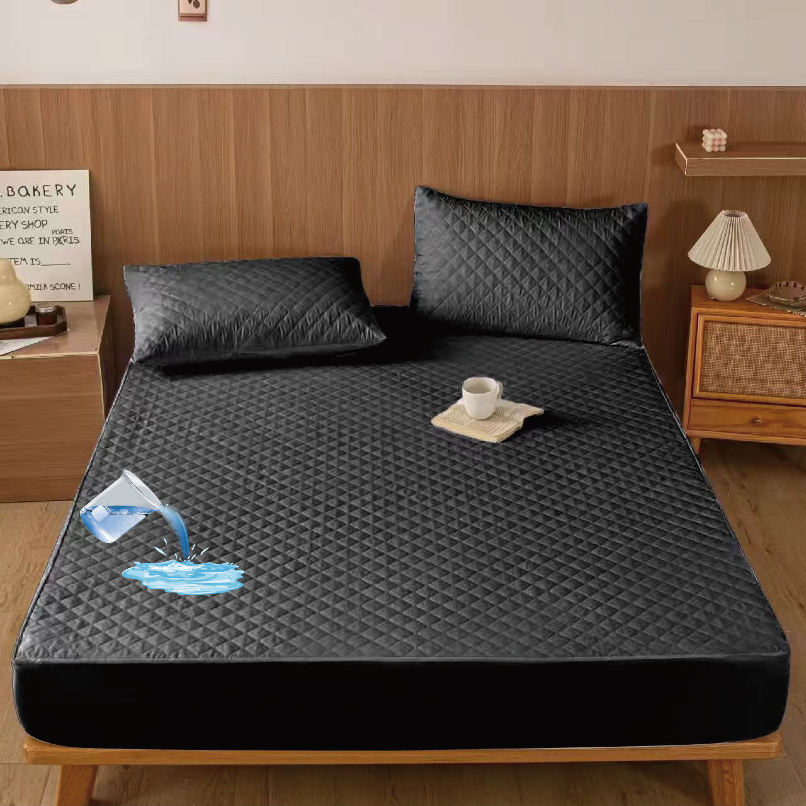 Nepropusna plahta 180x200 + 28 cm i dvije nepropusne jastučnice 50x70 cm -  CRNA